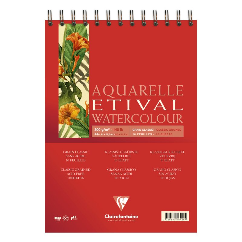 Clairefontaine Etival Aquarelblok Klassieke Korrel - 300 g - A4 - spiralbundet - 10 ark - Papir