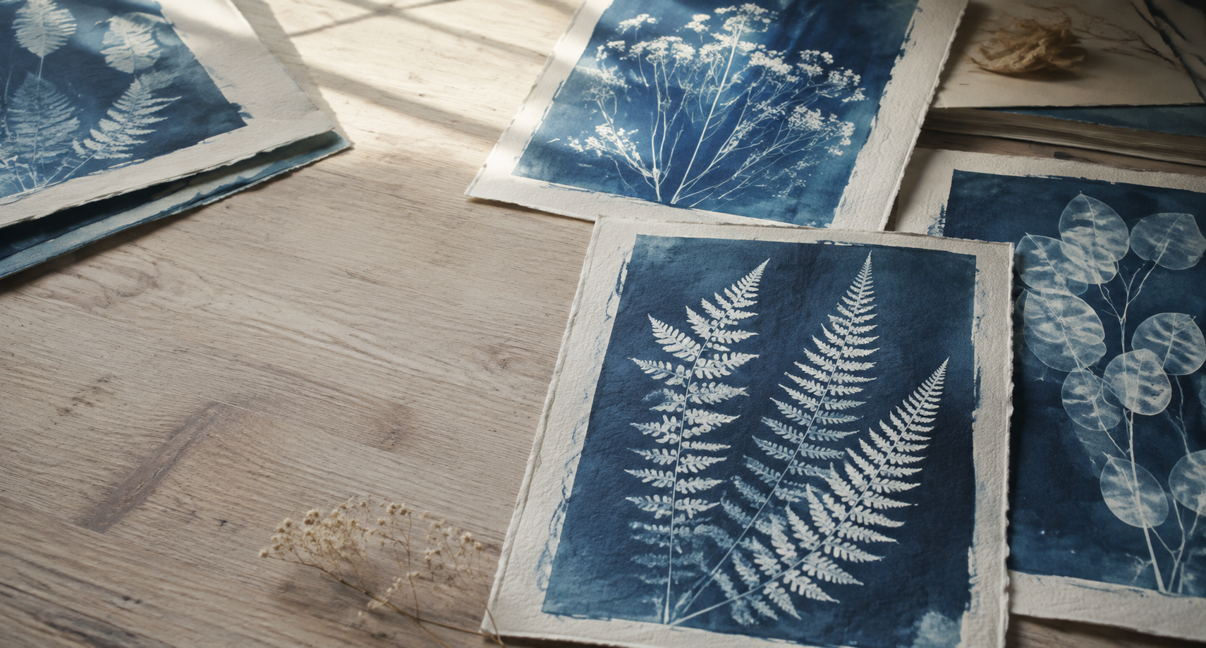 Handmade botanical cyanotype prints on paper