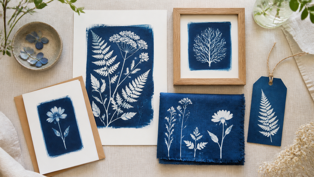 Collection of creative cyanotype projects on paper, fabric and home accessories