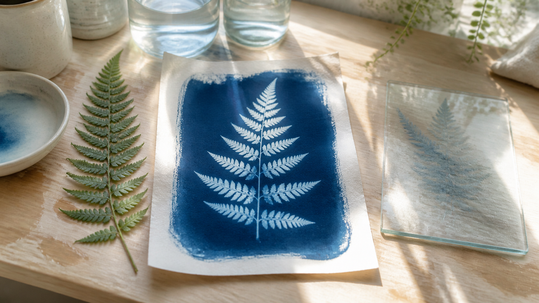 Botanical cyanotype print with leaves in deep Prussian blue