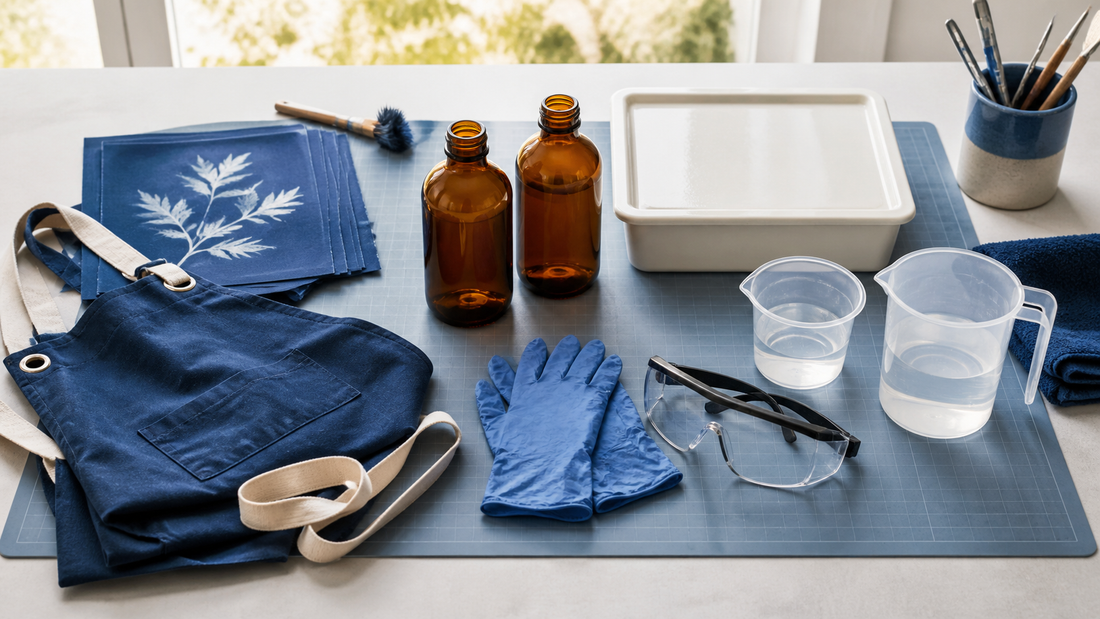 Safely arranged cyanotype workspace with gloves and labelled materials