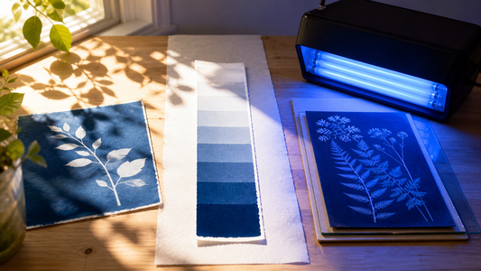 Cyanotype exposure time: sun, UV lamp and test strips