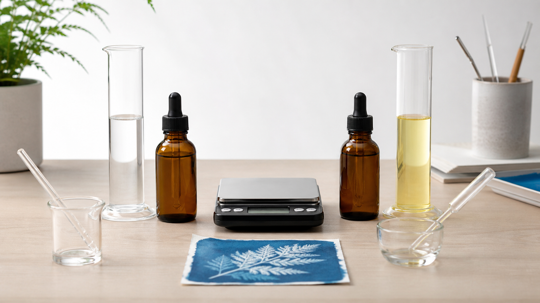 Precisely measured cyanotype solutions with measuring cups and a scale