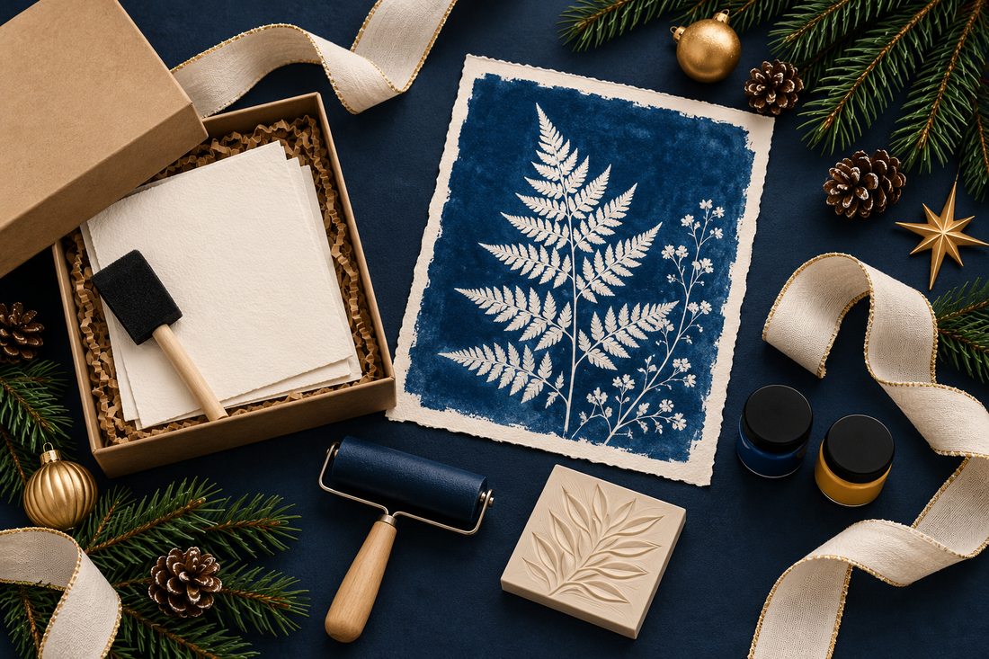 Illustration of creative Christmas gift ideas with paper, a foam brush, botanical cyanotype and printing materials