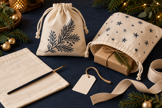 Paint reusable Christmas gift bags: a simple pattern, carefully finished