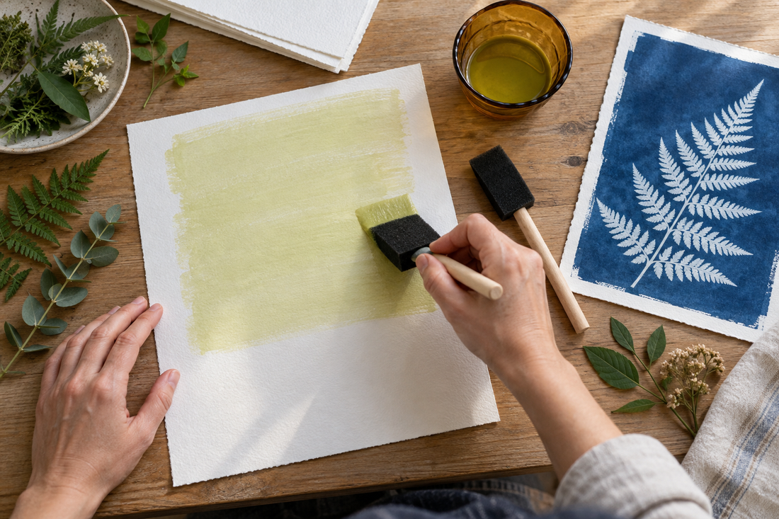 Cyanotype sensitizer being applied evenly to watercolour paper with a foam brush