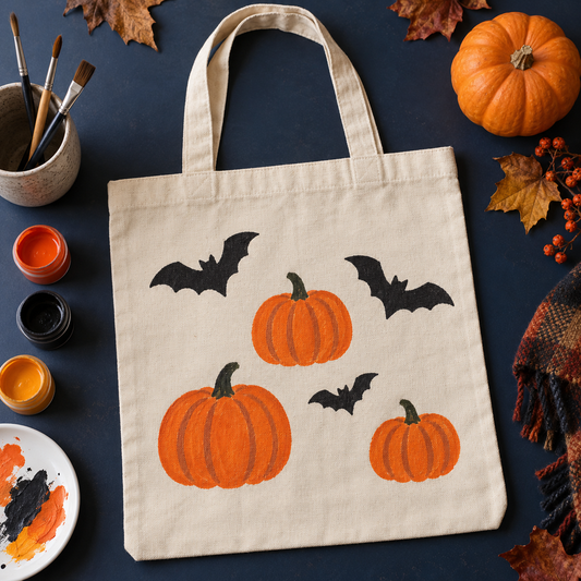 Paint a Halloween tote bag: pumpkins and bats with fabric paint