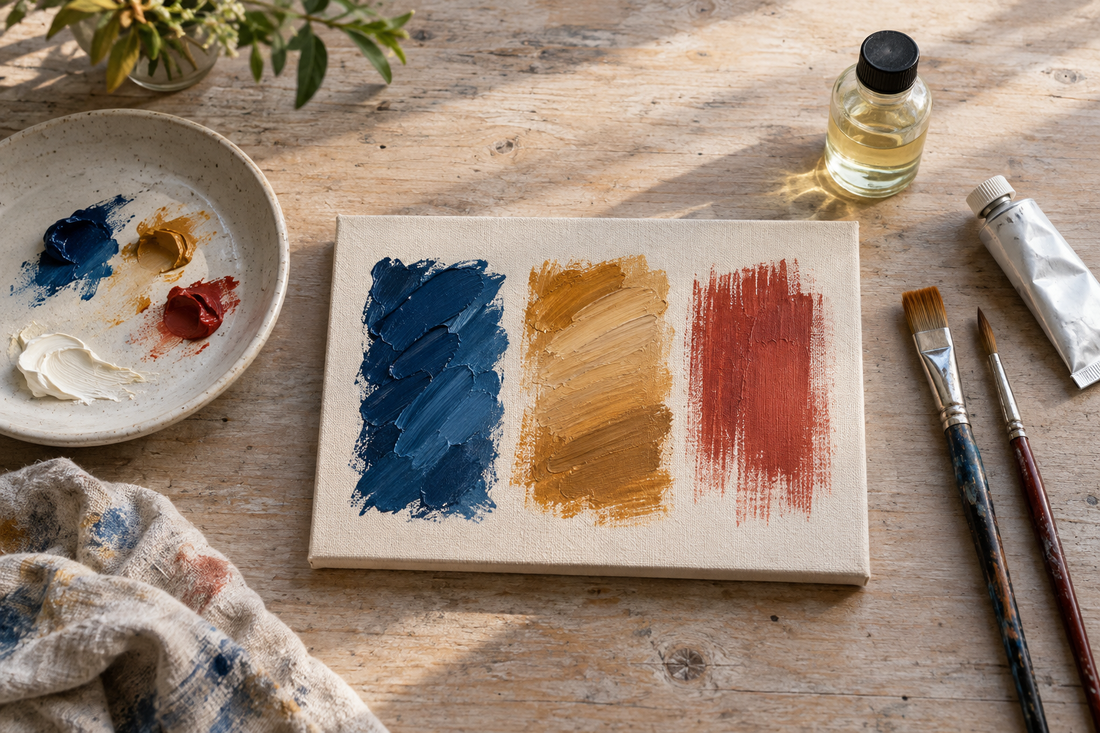 Blue, ochre and red oil-paint tests on a primed canvas beside a palette and brushes