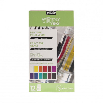 Pebeo Vitrea 160 Glasfärgset - upptäckarset - 12 x 20 ml - Glas- och porslinsfärg