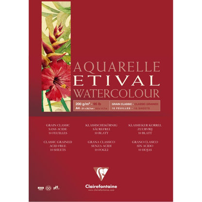 Clairefontaine Etival Aquarelblok Klassieke Korrel - 200 g - A4 - liimattu yhdeltä sivulta - 10 arkkia - Paperi