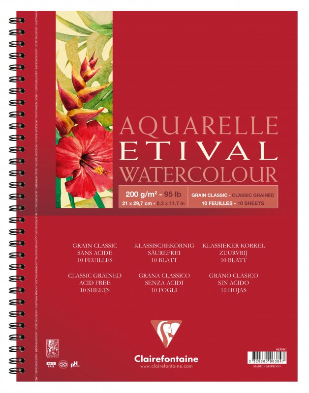 Clairefontaine Etival Aquarelblok Klassieke Korrel - 200 g - A4 - kierresidottu - 10 arkkia - Paperi