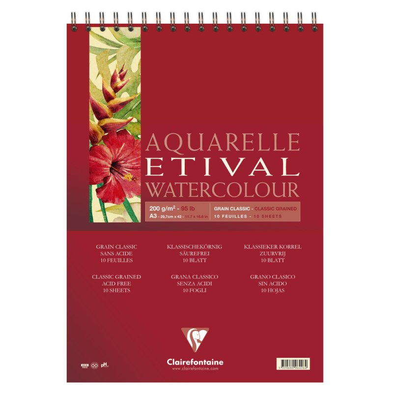 Clairefontaine Etival Aquarelblok Klassieke Korrel - 200 g - A3 - kierresidottu - 10 arkkia - Paperi