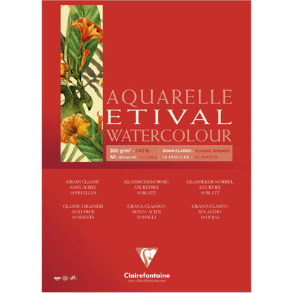 Clairefontaine Etival Aquarelblok Klassieke Korrel - 300 g - A3 - liimattu yhdeltä sivulta - 10 arkkia - Paperi