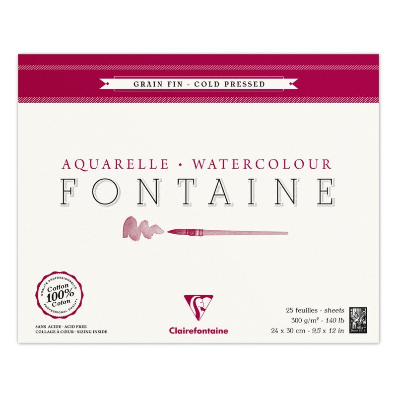 Clairefontaine Fontaine Aquarelblok 300 g Fijne Korrel - 24 x 30 cm - limet på fire sider - 25 ark - Papir