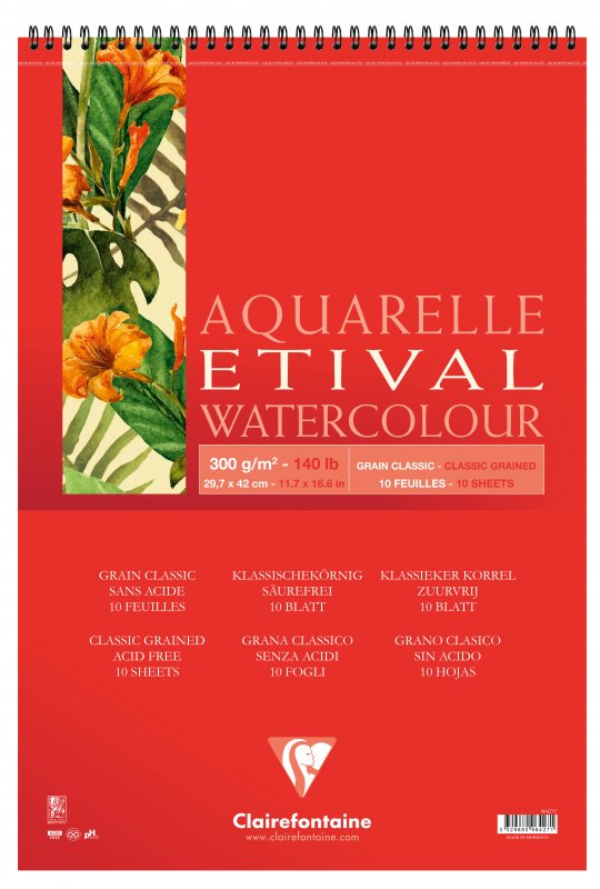 Clairefontaine Etival Aquarelblok Klassieke Korrel - 300 g - A3 - kierresidottu - 10 arkkia - Paperi