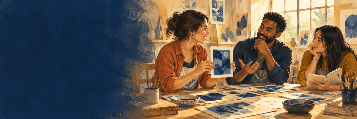 Illustration of three adults sharing creative work and ideas in a sunlit studio
