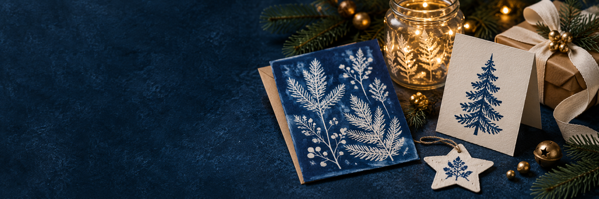 Illustration of botanical cyanotype Christmas cards, a printed card, LED light and a wrapped gift