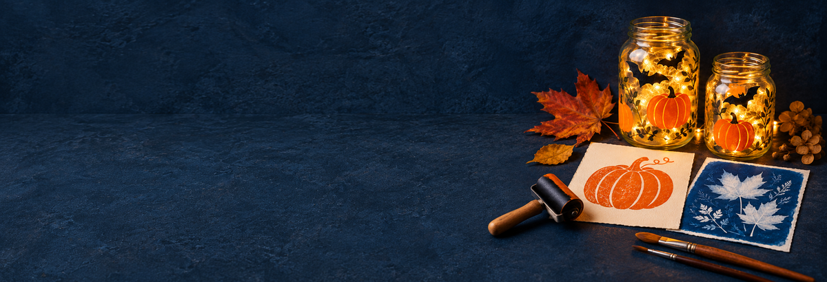 Halloween crafts: painted glass jars with LED lights, a pumpkin print and cyanotype leaf prints
