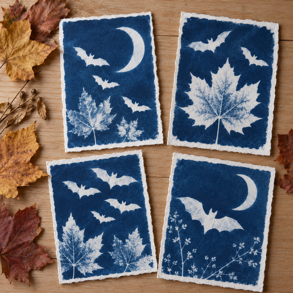 Halloween cyanotypes: bats, a moon and autumn leaves