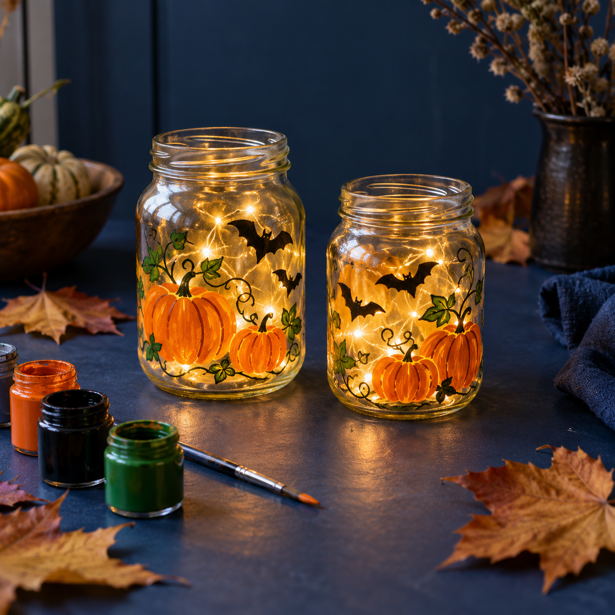 Paint Halloween glass jars: pumpkins and bats with LED lights