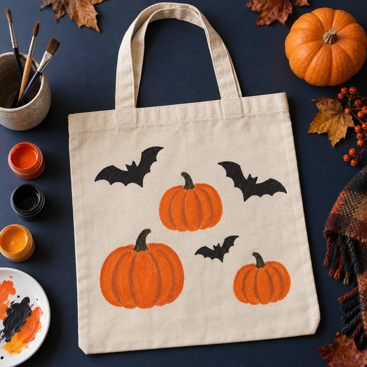 Paint a Halloween tote bag: pumpkins and bats with fabric paint