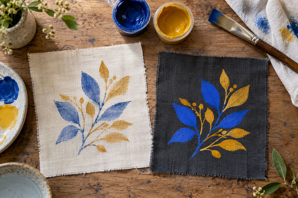 Worktable with fabric paint and painted fabric