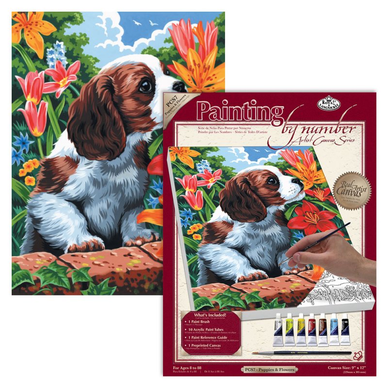 R&L Artist Canvas A4 Paint by numbers - Puppy & Flowers - Mal efter tal