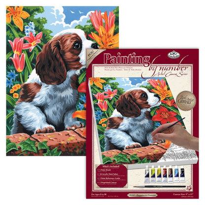 R&L Artist Canvas A4 Paint by numbers - Puppy & Flowers - Mal efter tal
