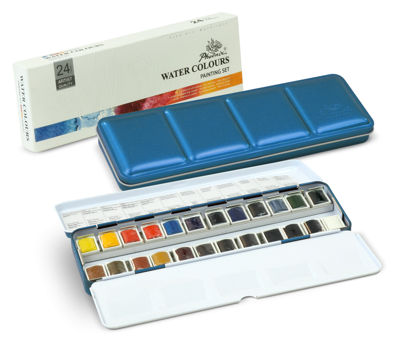 Phoenix Watercolour Sets - 24 pans metal Låda - Akvarellfärg