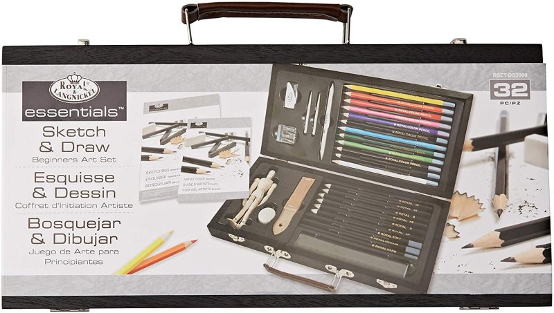 R&L Wooden Box Sketch & Draw Beginners Art Set - 32 Pack - Begyndersæt